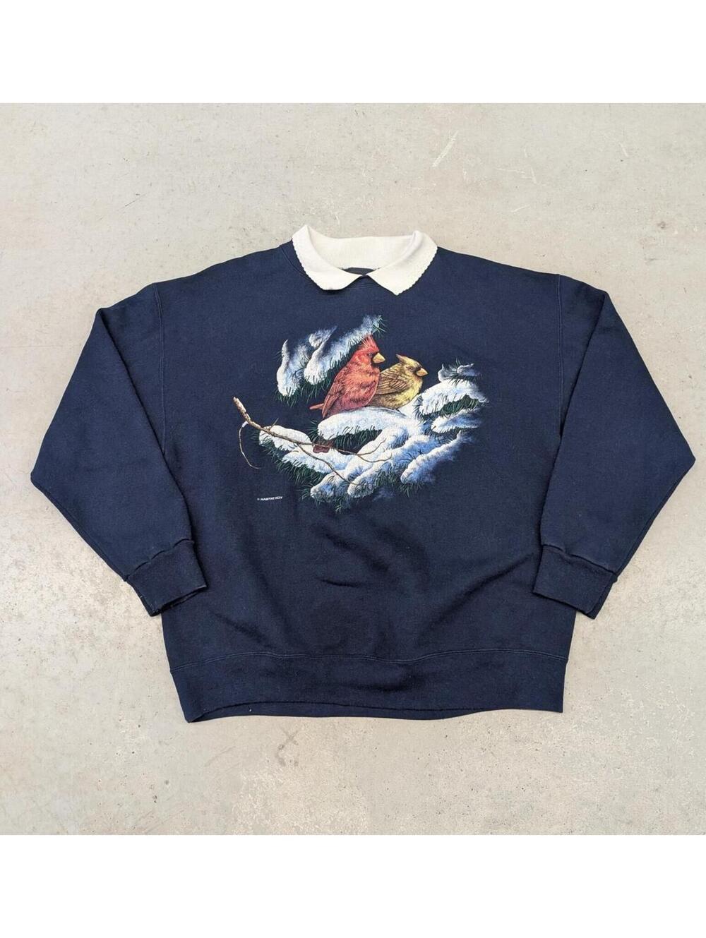 Vintage 90s Cardinals in a Snow Tree Collared Frill Sweater